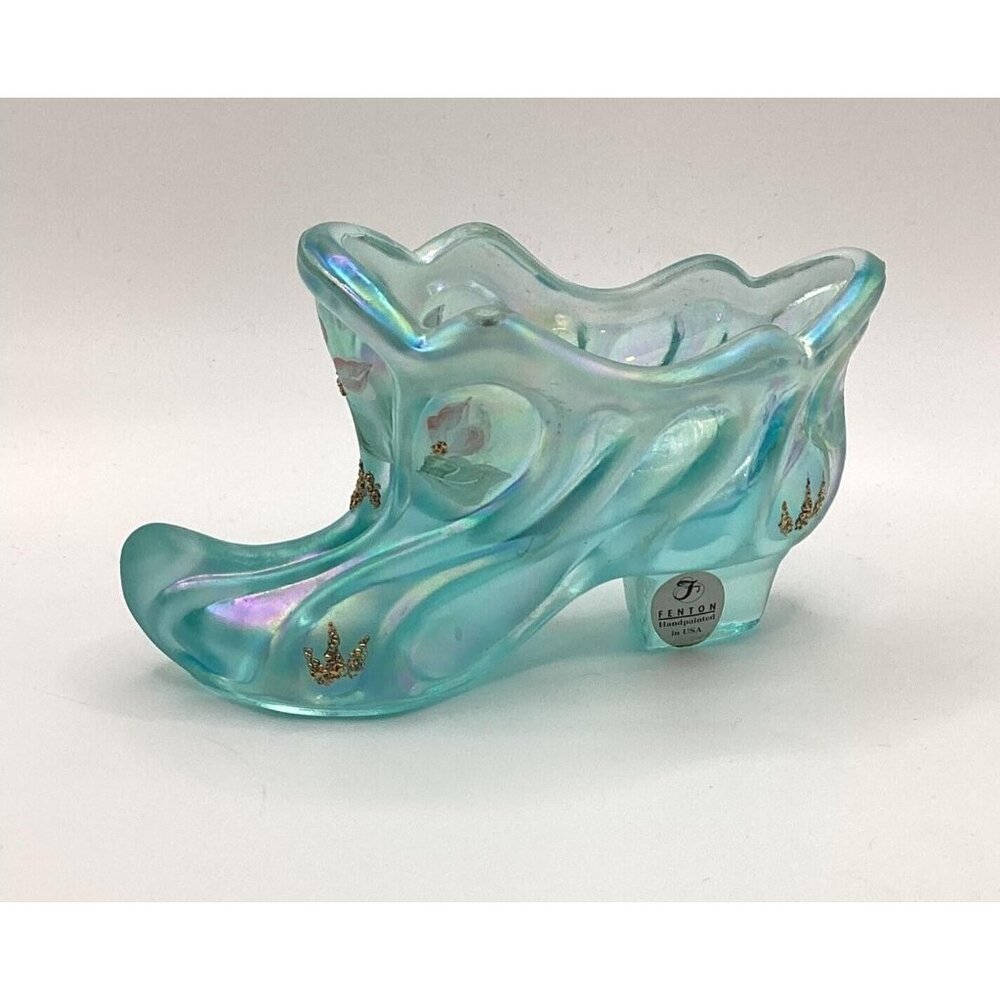 Fenton Art Glass Slipper-Iridescent Blue Hand Painted Original Label Vintage